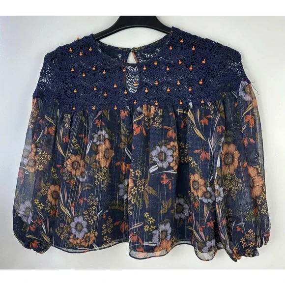 Anthropologie Mynahs Reynu Taandon Cristy Crotchet Beaded Blouse Boho Peasant XS - Picture 11 of 15